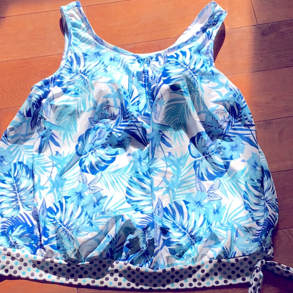 Tankini top, size 2x. Different color blues on white background. Never been worn